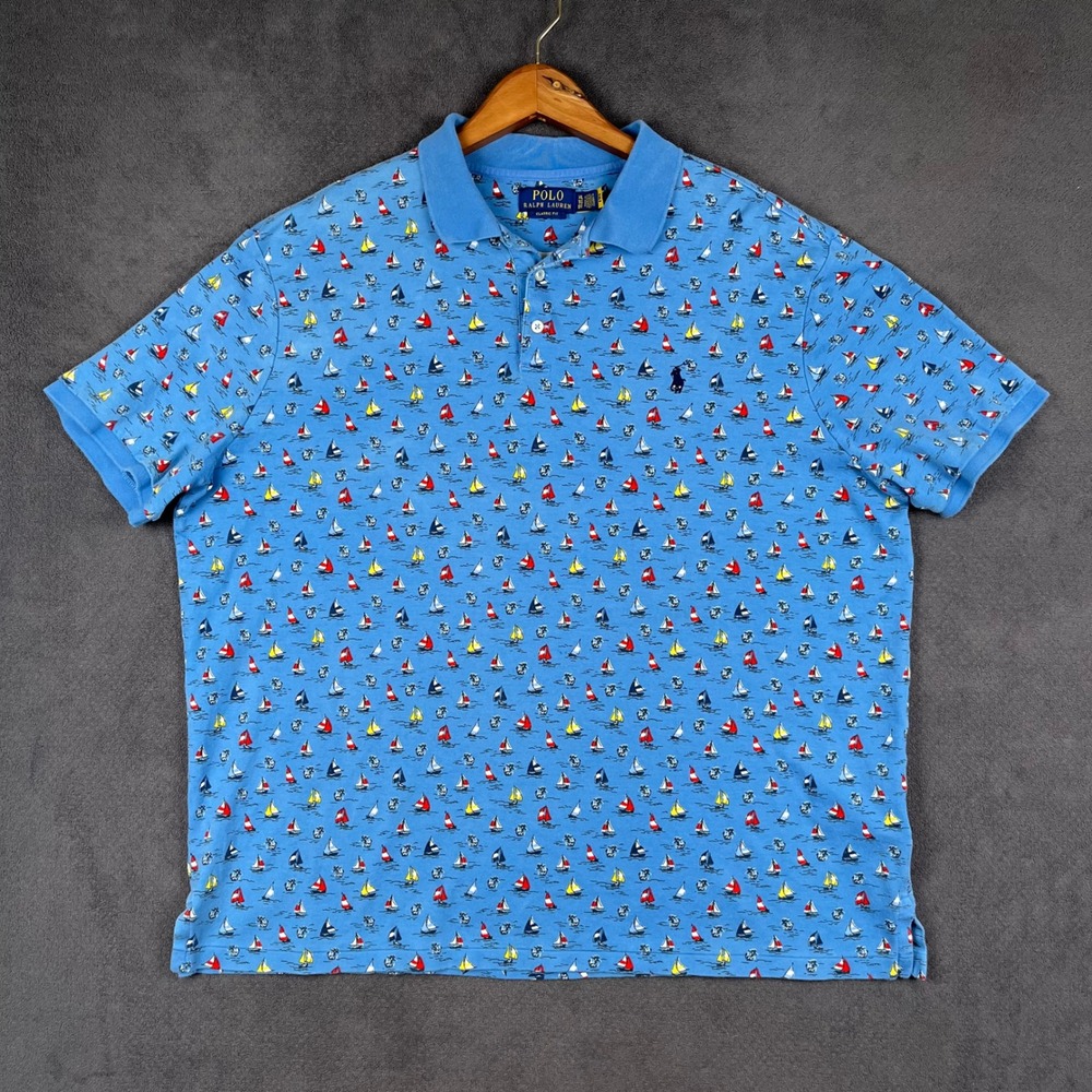 Polo Ralph Lauren Polo Shirt Men XL Blue Sailboat Print Classic Fit Short Sleeve